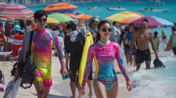 chinesische-touristin-in-thaland-traegt-rushguard Rashguard in Thailand bietet Schutz vor Quallen
